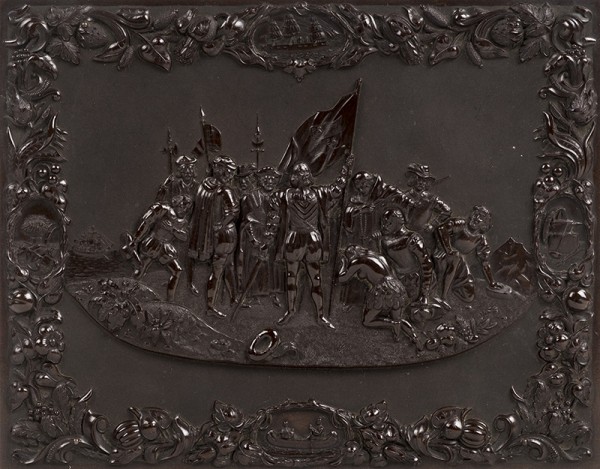 Whole-plate thermoplastic case, ‘The Landing of Columbus’ (Berg 1-1), in superb condition, which houses a fine hand-colored ambrotype of a young woman (Estimate £1500-2000) Whole-plate thermoplastic case, ‘The Landing of Columbus’ (Berg 1-1), in superb condition, which houses a fine hand-colored ambrotype of a young woman (Estimate £1500-2000)